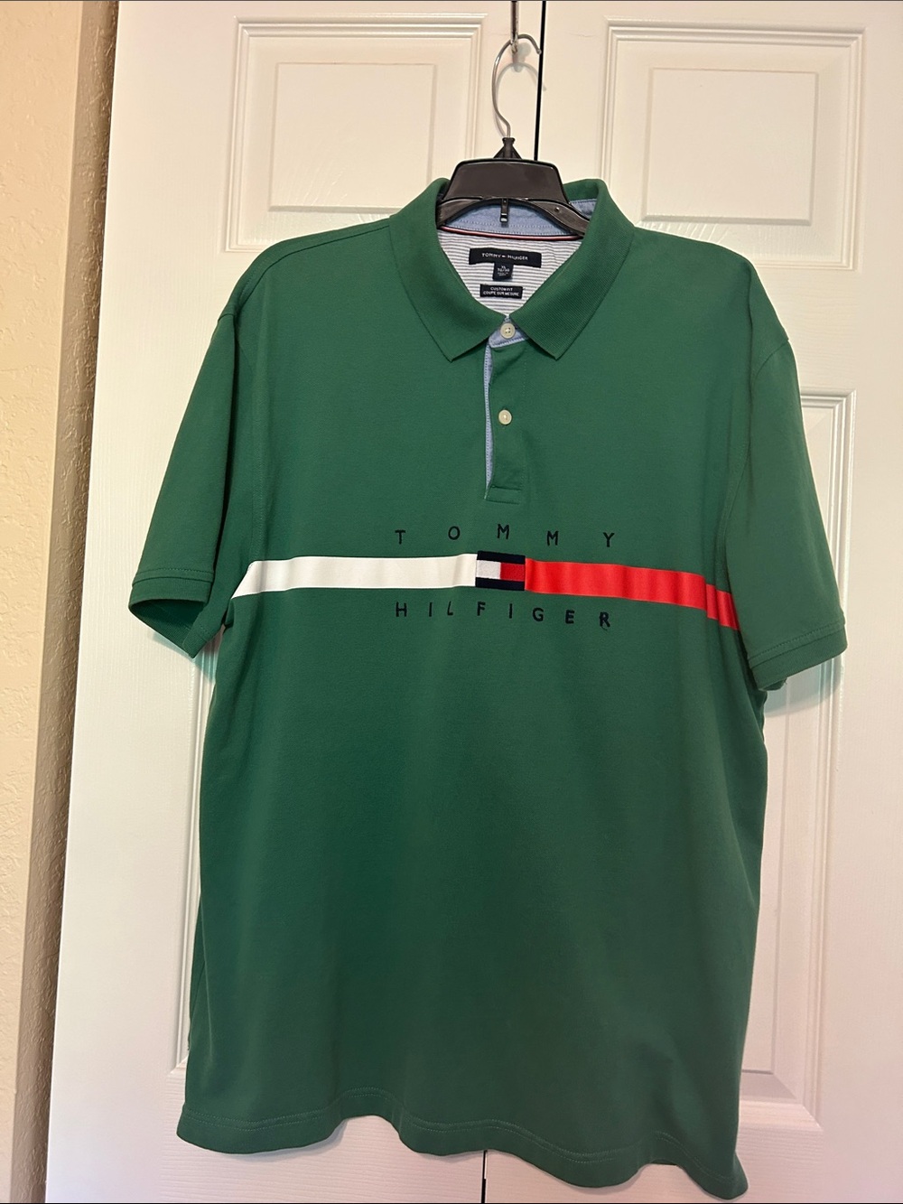 Tommy Hilfiger Green Polo with Signature White and Red Stripe